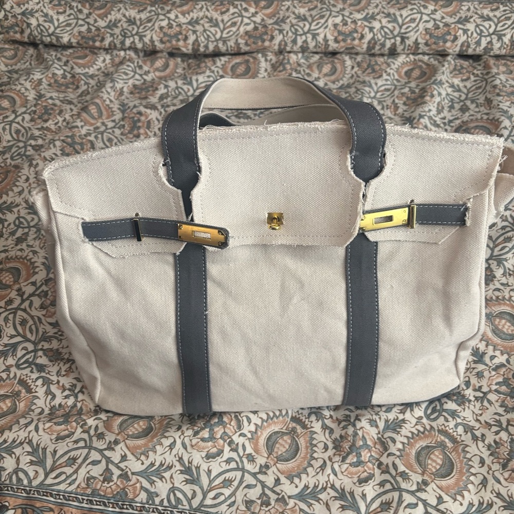 Velantra Boatkin Stylish Cream and Blue Gray Canvas Tote Bag